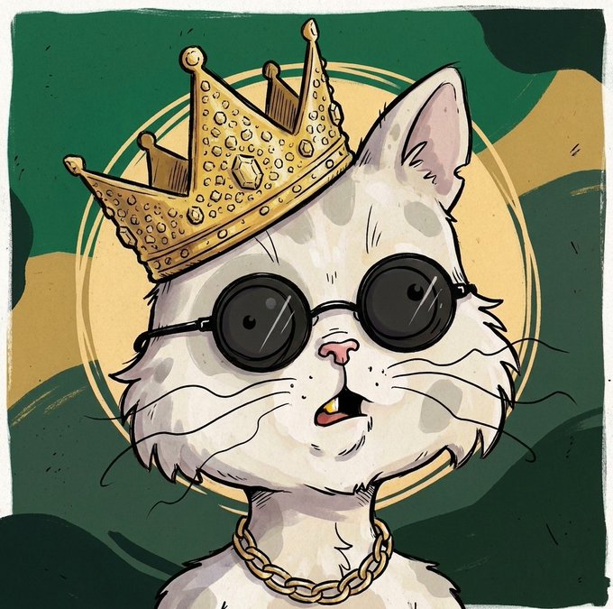 A cartoon illustration of a white cat wearing a gold crown, round black sunglasses, and a gold chain necklace against a green and gold circular background.