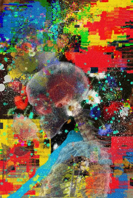 A pixelated digital skull overlaid on a chaotic, glitch-art background of vibrant red, blue, yellow, and green pixels, with no visible text or tickers. The abstract, decentralized, code-like aesthetic visually reinforces the post's message about art and belief being embedded on the Bitcoin blockchain.
