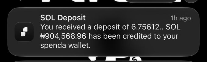 A phone notification displays a "SOL Deposit" message from 1 hour ago, indicating that 6.75612 SOL (₦904,568.96) has been credited to the user's Spenda wallet. The image serves as proof of the recent deposit referenced in the post, supporting the claim that SOL has been added to the author's Spenda account.