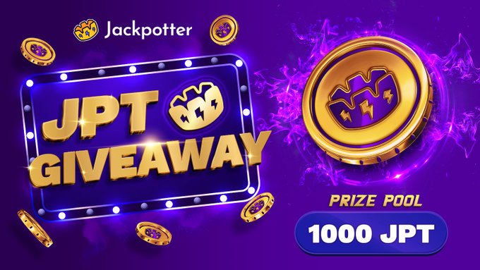 A promotional graphic for a 'JPT GIVEAWAY' by Jackpotter, advertising a prize pool of 1000 JPT with a glowing gold coin design on a purple background.