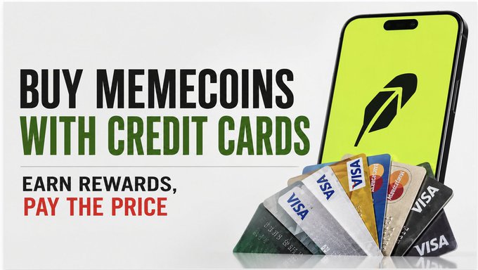 A banner advertisement reading 'BUY MEMECOINS WITH CREDIT CARDS' and 'EARN REWARDS, PAY THE PRICE', featuring an illustration of a fan of credit cards (Visa, Mastercard) and a smartphone displaying a green app icon with a feather/leaf logo.