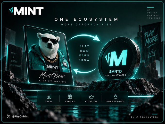 The promotional graphic for Mint features a polar bear NFT character ("MintABear") wearing sunglasses and a gold chain alongside a glowing $MNTD coin, illustrating the post's point that the bear NFT and the $MNTD token serve distinct roles within one unified ecosystem.
