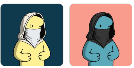 The image shows two illustrated PFP-style characters side by side—one in a yellow hoodie with a gray mask against a dark blue background, and another in a blue hoodie with a black mask against a pink background—both featuring small, simple eyes that match the "kind little soul" theme of the BIWLS NFT collection.
