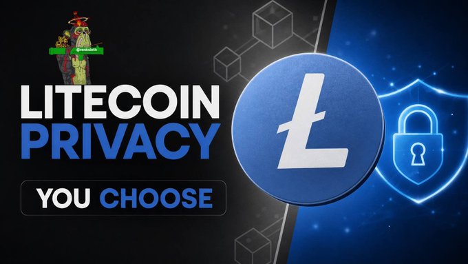 A promotional banner for Litecoin Privacy featuring the Litecoin 'Ł' logo on a blue coin, with text reading 'LITECOIN PRIVACY YOU CHOOSE' and a shield/privacy icon.