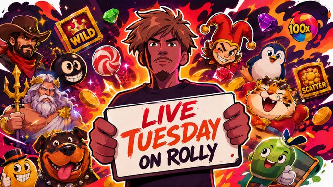 A central cartoon man holds a sign reading "LIVE TUESDAY ON ROLLY," surrounded by a colorful cast of characters including a cowboy, jester, penguin, tiger, and various slot-style symbols like "WILD," "SCATTER," gems, and "100x," matching the post's hype about a lively Tuesday live event.