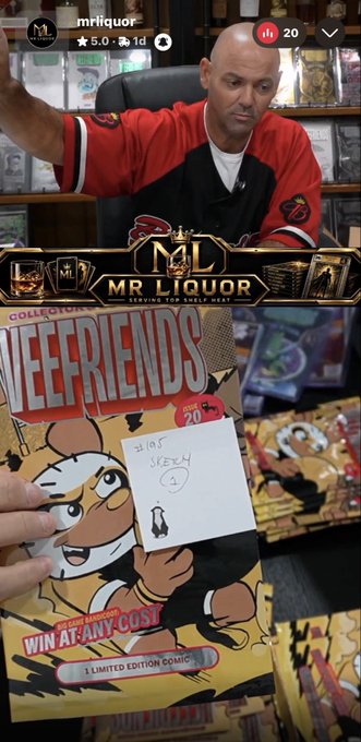 A vertical livestream or video showing a bald man in a red and black 'Mr. Liquor' jersey above a promotional comic book cover titled 'Win At Any Cost' featuring a red devil character and a handwritten note reading 'HALF JERSEY #1'.