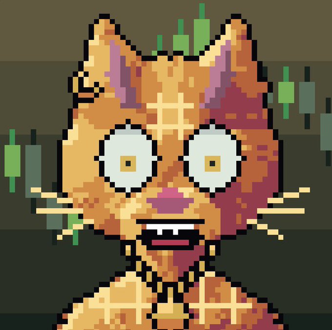 A pixel art portrait of an orange cat with large, wide eyes, a cross-shaped mark on its forehead, and a small smile, with green candles in the background.
