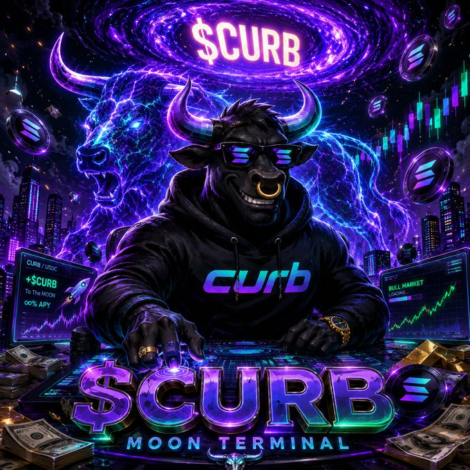 A vibrant crypto promotional image featuring a black bull in sunglasses with a galaxy background, displaying the text '$CURB' and 'MOON TERMINAL' alongside trading screens showing 'BULL MARKET LOADING' and '+66% APY'.