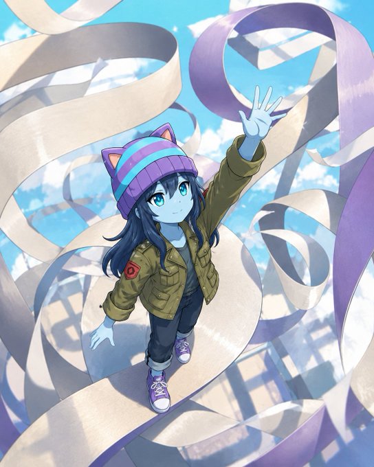 An anime-style illustration of a blue-haired girl wearing a cat-eared beanie and an olive jacket, waving while floating among swirling purple ribbons against a bright blue sky.