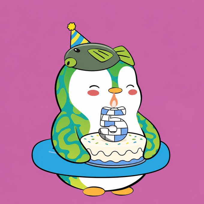 Cartoon illustration of a green camouflage penguin wearing a striped party hat, holding a birthday cake with a large number '5' candle on it against a pink background.