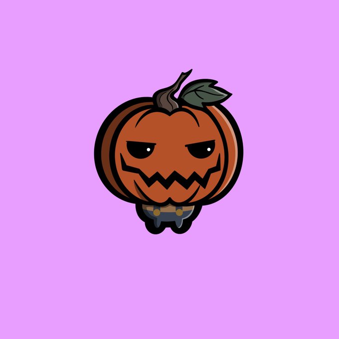 A cartoon illustration shows a small, mischievous jack-o'-lantern wearing blue overalls with yellow buttons, set against a solid light purple background.