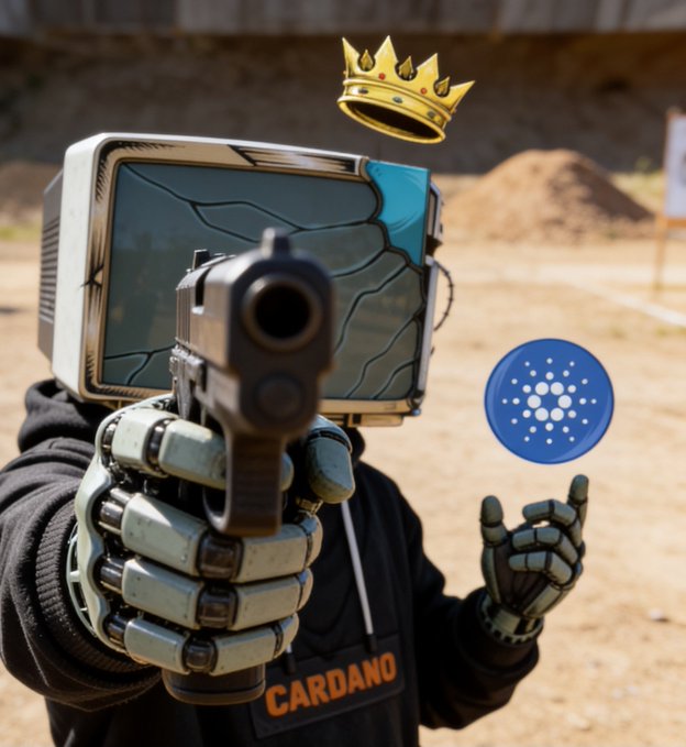 A figure wearing robotic gloves and a hoodie with 'CARDANO' printed on it aims a handgun at the camera, featuring a monitor-style helmet, a golden crown emoji, and a Cardano (ADA) logo floating nearby.