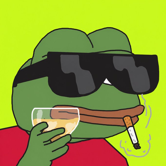 An illustration of a green frog character wearing oversized black sunglasses, holding a glass of an amber drink in one hand and a lit cigarette in its mouth against a bright green background.