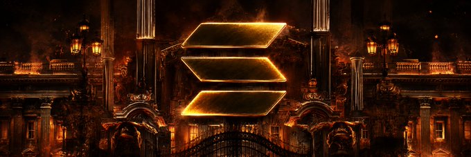 A golden Solana logo (three stacked parallelograms) displayed against a dark, ornate architectural backdrop featuring classical columns and gates.