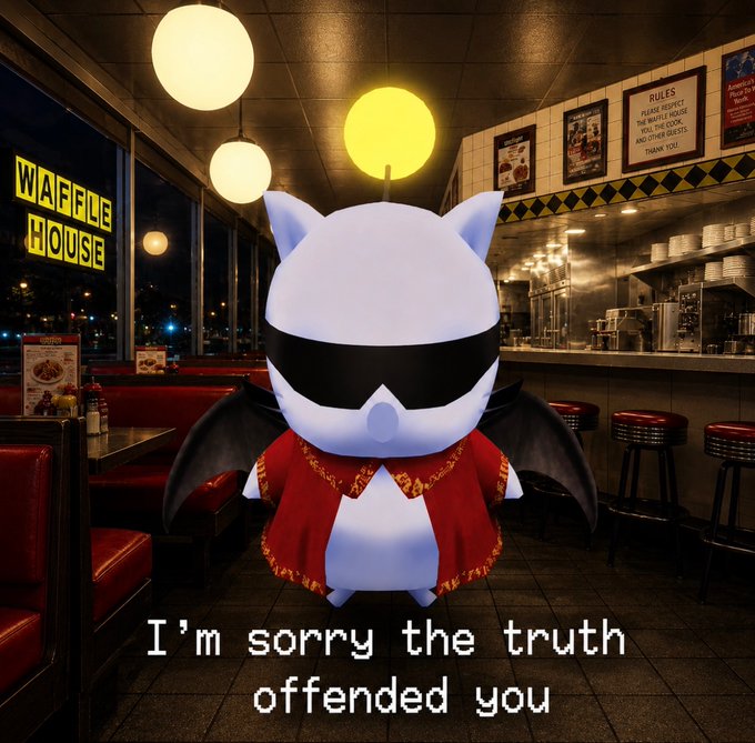 A meme featuring a 3D white creature with sunglasses and a red cape standing in a Waffle House, with text at the bottom reading 'I'm sorry the truth offended you.'
