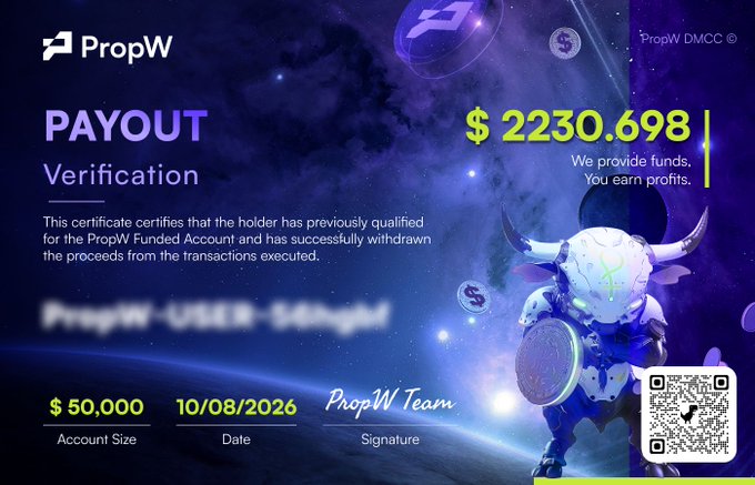 A 'PAYOUT Verification' certificate from PropW (PropW DMCC) showing a withdrawal of $2,230.698 for an account size of $50,000 dated 10/08/2026, featuring a futuristic space-themed illustration with a QR code.