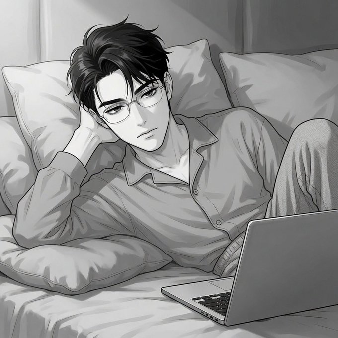 A young man with glasses reclines on a bed with a laptop in grayscale anime-style art, matching the post's "goodnight" (gn) theme as he appears to be settling in for the night.