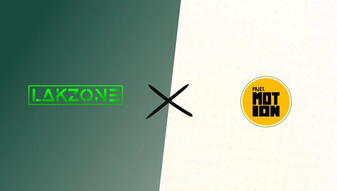 A split-screen graphic showing a green 'LAKZONE' logo on the left and a yellow 'PROJECT MOTION' circular logo on the right, separated by an 'X'.