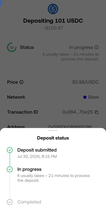 A mobile cryptocurrency transaction screenshot showing a deposit of 101 USDC (~$100.97) 'In progress' on the Base network, with the deposit status panel at the bottom confirming 'Deposit submitted' on Jul 30, 2026 at 8:15 PM.