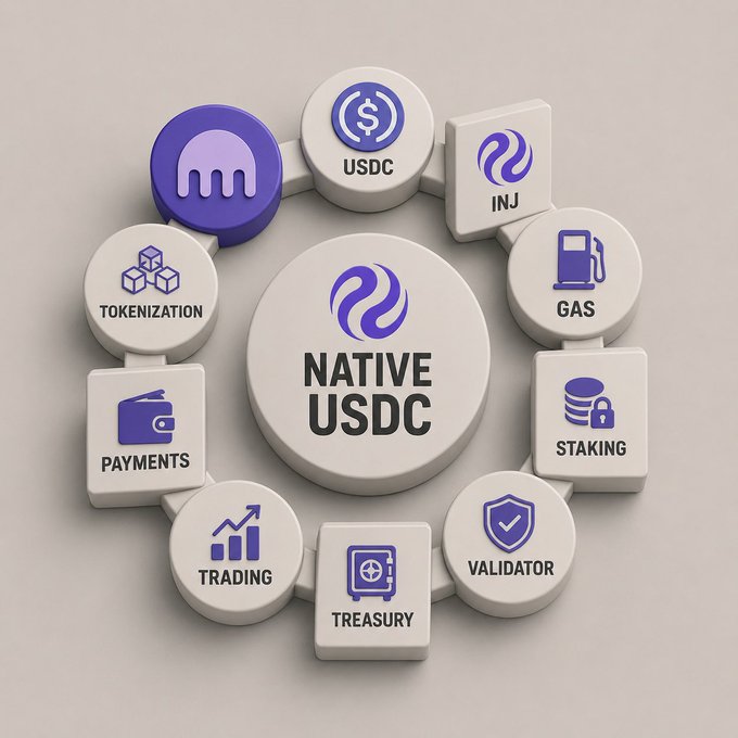 The image is a 3D circular infographic centered on "NATIVE USDC" with the Injective logo, surrounded by connected feature icons labeled "USDC," "INJ," "GAS," "STAKING," "VALIDATOR," "TREASURY," "TRADING," "PAYMENTS," and "TOKENIZATION." It visually represents the ecosystem of use cases unlocked by native USDC on Injective, aligning with the post about direct USDC deposits and withdrawals between Kraken and Injective for seamless entry into the network.