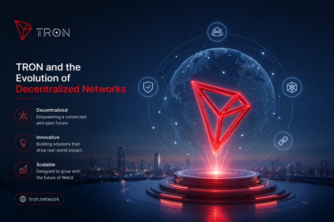 A promotional graphic for 'TRON and the Evolution of Decentralized Networks' featuring a glowing red TRON logo on a pedestal above a city skyline, with the website 'tron.network' displayed.