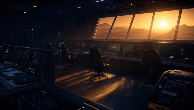 A cinematic view of a dimly lit, futuristic control room or command center with empty office chairs, glowing monitors, and a large window showing a bright sunset over a mountainous landscape.