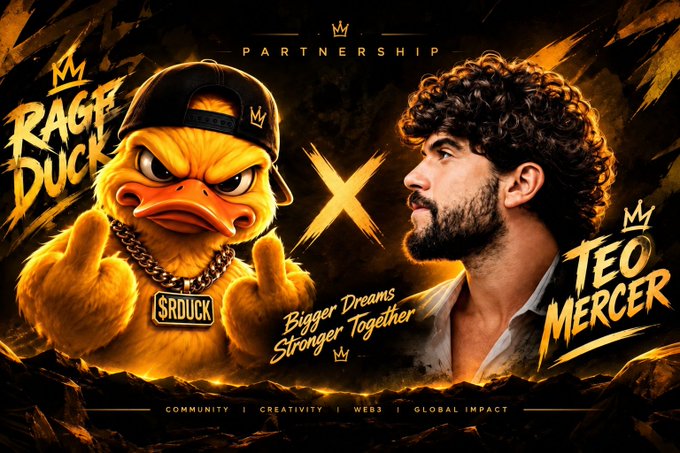 A partnership promotional graphic features 'RAGE DUCK' (a cartoon duck with a cap) and 'TEO MERCER' with the tagline 'Bigger Dreams Stronger Together' and 'COMMUNITY | CREATIVITY | WEBS | GLOBAL IMPACT'.