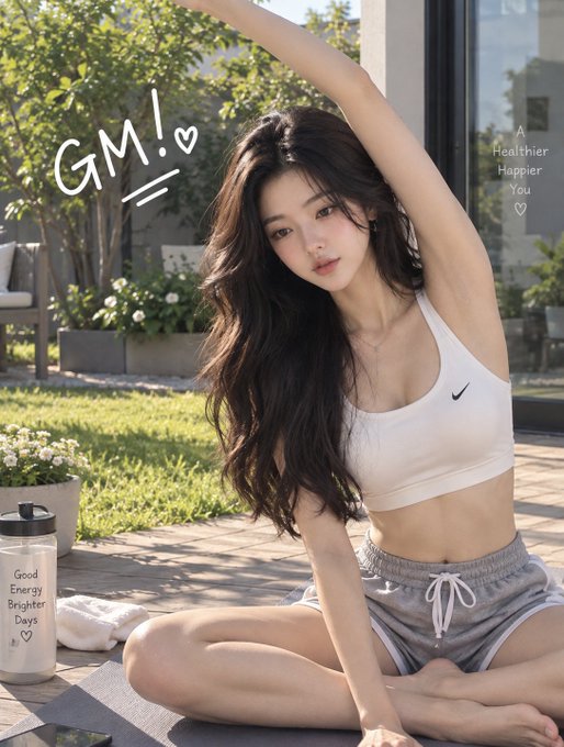 A young woman in a white Nike sports bra and gray shorts stretches her arm overhead while sitting on a mat outdoors, with decorative text 'GM!' and 'A Healthier Happier You' added to the image.
