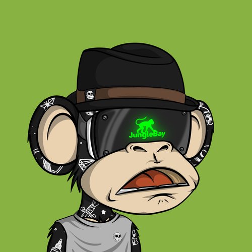 A cartoon monkey character wearing a black hat and dark VR-style visor displays the green "JungleBay" logo with a leaping panther silhouette, tying into the post's request to buy $BAYLA on JungleBay via bankrbot. The character's grumpy expression and edgy skull-patterned clothing reinforce the JungleBay crypto brand aesthetic.