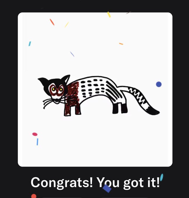 An illustration of a stylized cat with text 'Congrats! You got it!' on a confetti-decorated background.