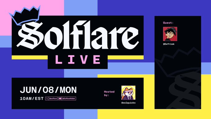 The image features a poster for Solflare Live. The poster is blue with yellow squares and has white text that says "Solflare Live #44 coming up. This coming week, @solquicks sits down with @0xfrisk (Collector, Trader, Pack Ripper & Man Who Has Spent An alarming amount of time chasing Gengar). We'll Talk Collecting, On-chain Ownership, Real Cards, Digital collectibles". The poster includes pictures of a person wearing a crown and a cartoon character holding an item. The text indicates that the event will focus on collecting, on-chain ownership, and real cards or digital collectibles.