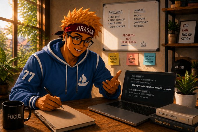 A determined young man wearing a blue "77" hoodie and a "JIRASAN" headband sits at a desk planning his day, with a whiteboard listing "Daily Goals" (Help Build, Great Projects, Make Impact, Grow Together) and "Mindset" (Focus, Discipline, Consistency, Patience) above books titled "Atomic Habits" and "Deep Work." The scene reflects the post's message about transparency and discipline—mirroring OpenSea's new GTD/FCFS wallet tracking update with the same spirit of focus and consistent progress over perfection.