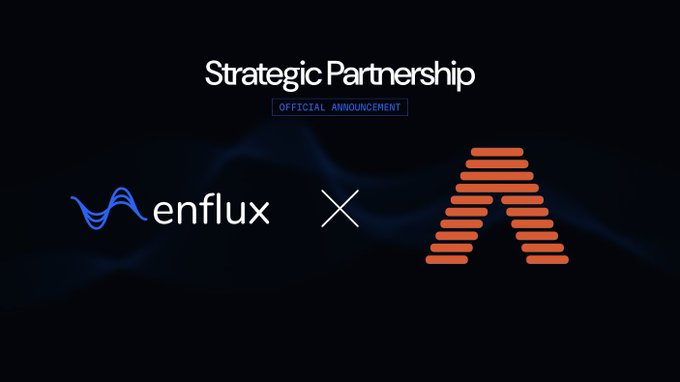 A 'Strategic Partnership' official announcement banner featuring the Enflux logo (blue wavy design) and a red stylized 'A' logo separated by an 'X' on a dark background.