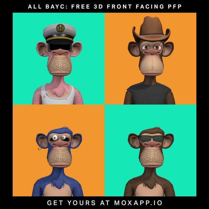 Promotional image titled 'ALL BAYC: FREE 3D FRONT FACING PFP' showing four Bored Ape Yacht Club character renders on teal and orange backgrounds, with text 'GET YOURS AT MOXAPP.IO'.