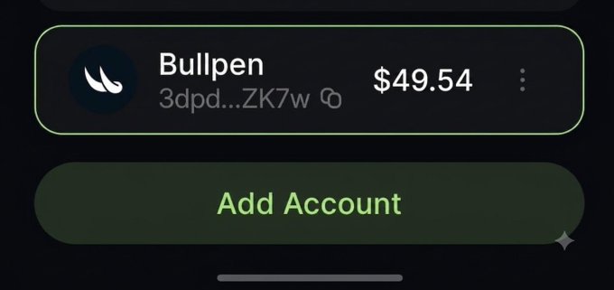 A dark-themed mobile app screen showing an account labeled 'Bullpen' with address '3dpd...ZK7w' and a balance of $49.54, with an 'Add Account' button below.