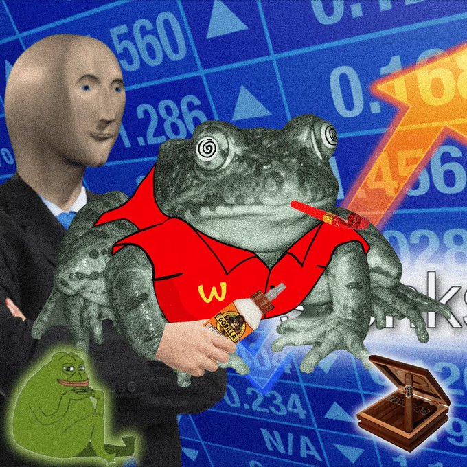 A surreal internet meme-style collage featuring a large frog in a McDonald's-style red vest holding a cigarette and a bottle of liquor, next to a bald mannequin in a suit, with a smaller Pepe the Frog and a cigar box against a stock market numbers background.