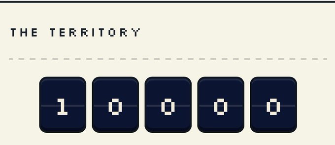 A minimalist graphic displaying 'THE TERRITORY' title above a flip-style counter showing '10000'.