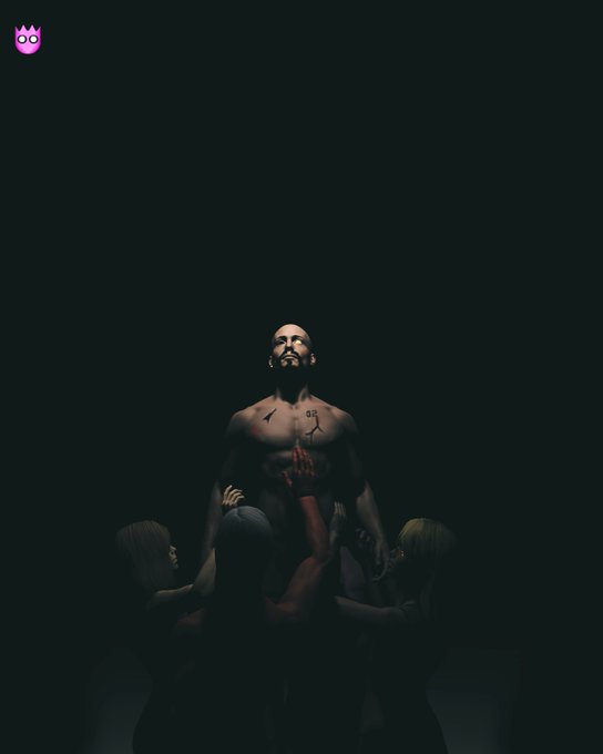 A dark, dramatic digital artwork shows a shirtless, tattooed man with the number "42" on his chest being lifted upward by shadowy figures below, evoking a ritualistic "apotheosis" — a divine ascension — that matches the NFT piece titled "APOTHEOSIS" by @thestarwalkar.