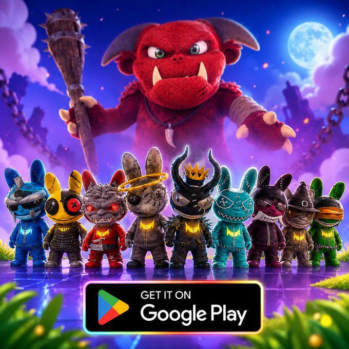 A Google Play promotional image for a mobile game featuring a lineup of creepy, plush-like bunny characters in front of a large red monster with horns.