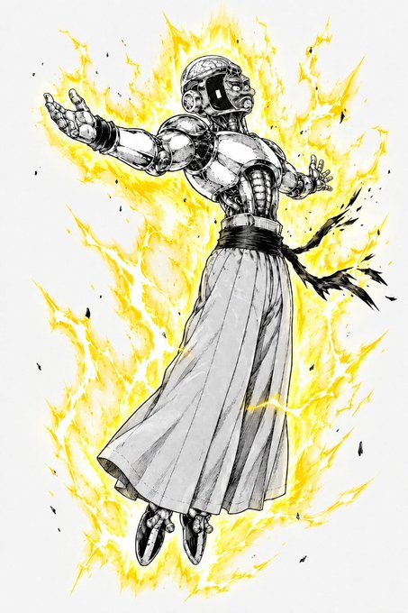 A black and white illustration of a muscular figure with a robotic/mechanical head and torso, wearing a flowing skirt, posed with arms outstretched against a background of yellow flames.