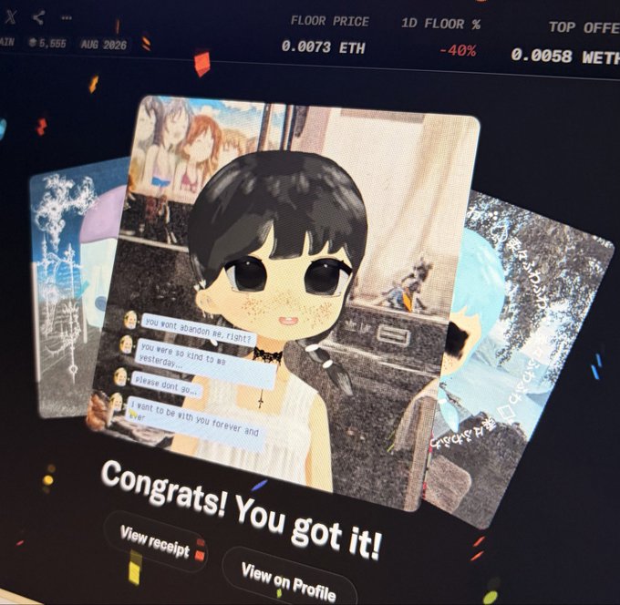 A screenshot of an NFT purchase confirmation on what appears to be OpenSea, showing a successful transaction with 'Congrats! You got it!' displayed below an anime-style avatar card. Visible details include 'FLOOR PRICE 0.0073 ETH', '1D FLOOR % -40%', and 'TOP OFFE 0.0058 WETH'.