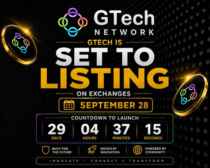 The promotional graphic announces that "GTech Network" is "SET TO LISTING on exchanges September 28," featuring a countdown timer showing 29 days, 04 hours, 37 minutes, and 15 seconds remaining until launch.

The image does not appear to relate to the accompanying post about the closed Funded Grow claim window, as the graphic focuses solely on GTech Network's upcoming exchange listing countdown rather than the funded trading account promotion mentioned in the caption.