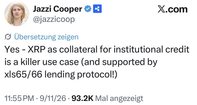 Screenshot of an X post from Jazzi Cooper (@jazzicoop) stating: "Yes - XRP as collateral for institutional credit is a killer use case (and supported by xls65/66 lending protocol!)", posted at 11:55 PM on 9/11/26 with 93.2K views, supporting the claim about Ripple's Product Endorsing XRP's role in institutional lending.