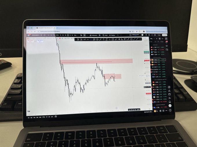 The image features an open laptop computer with a desktop background that displays a stock chart or graph related to Bitcoin (bitcoin). A key detail about this chart indicates that it has been updated in real-time, which suggests that GM traders are closely monitoring the performance of Bitcoin. The title of the image is "GM traders! Hyped and ready for a new week." This implies that there might be excitement surrounding the latest Bitcoin news or updates.