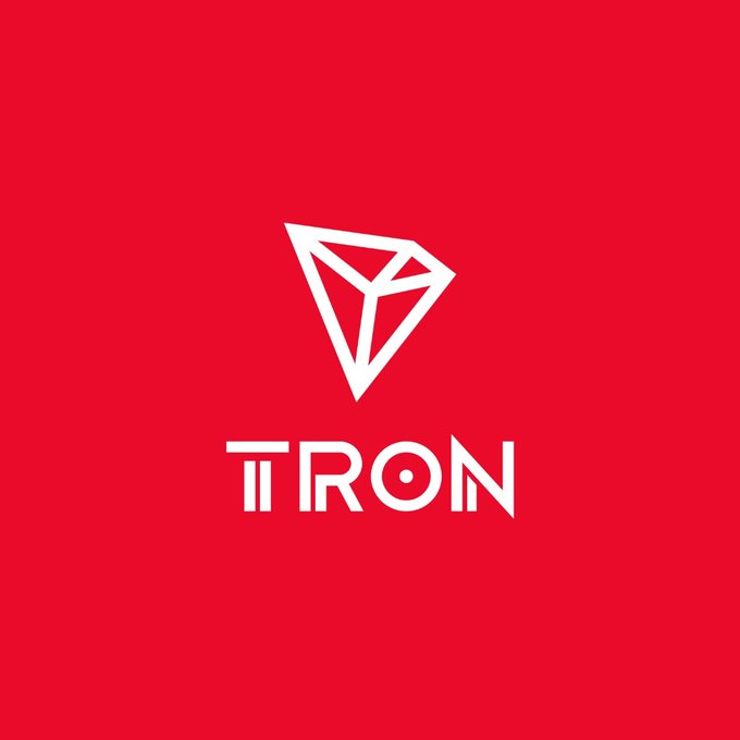 The TRON cryptocurrency logo featuring its diamond-shaped emblem in white on a solid red background.