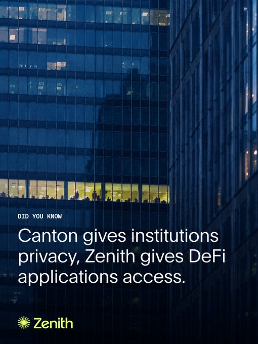 The image shows a tall building with many windows reflecting light at night. The text on the image reads "Do you know Canton gives institutions privacy, Zenith gives DEFI applications access". This information is related to the content of the image by providing context about the building's architecture and its connection to the post.