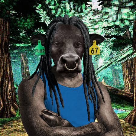 A surreal image of a muscular humanoid figure with a cow's head, dreadlocks, and ear tags reading 'PUMP' and '67', wearing a blue tank top against a pixelated forest background.