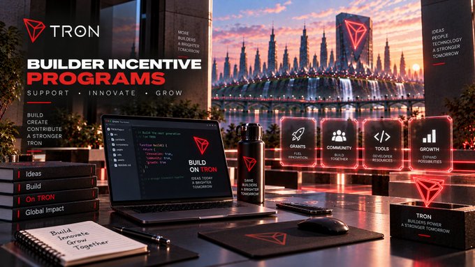 A promotional graphic for 'TRON Builder Incentive Programs' featuring a laptop displaying code, a branded water bottle, and icons for Grants, Community, Tools, and Growth.