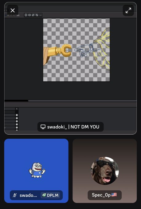 A Discord call screen shows an image of two hands reaching toward each other, with participants including swadoki_ labeled 'NOT DM YOU', a character avatar labeled swado..., and Spec_0p with a dog profile picture.