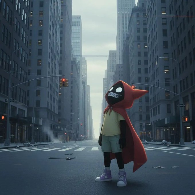 An animated character with a menacing toothy grin and red hooded cape stands alone in the middle of a deserted city street surrounded by tall buildings.